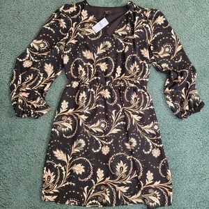 Ann Taylor Womens M Petite Black Floral Print‎ Long Sleeve Dress Lined Flowy NWT